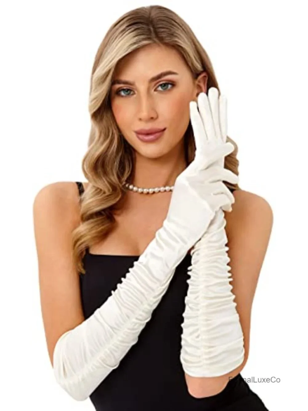 Women's Long Satin Opera Gloves, Shirred Elbow Length, Formal Party Accessory